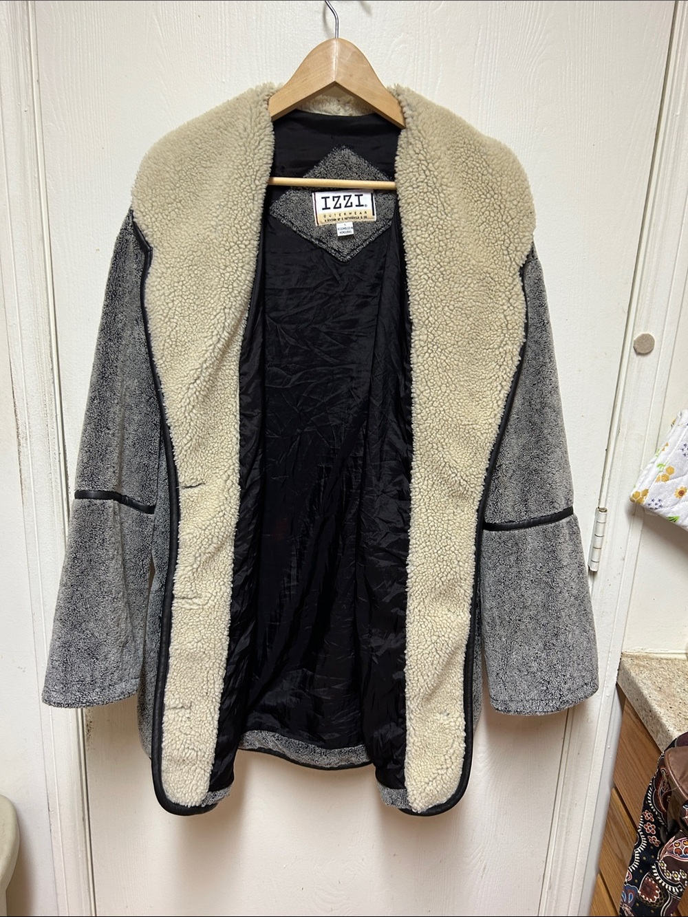IZZI Plush Teddy Jacket in Gray with Cream Sherpa Trim